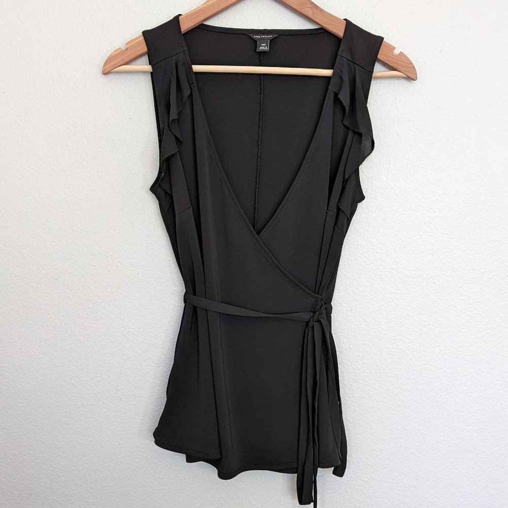 Ann Taylor Black Faux Wrap Top with Ruffle Detail
